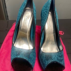 6 INCH Turquoise Slimmer Glitter Glam Open Toe Back Strap Stilettos